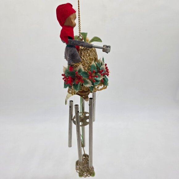 Vintage 1970s Christmas Elf Wind Chime Ornament With Holly & Bell Decoration - Picture 2 of 9